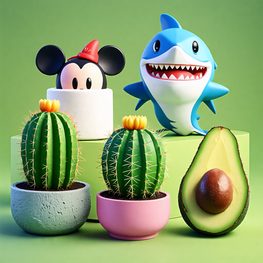 cactus, marshmallow, shark, mickey mouse, avocado